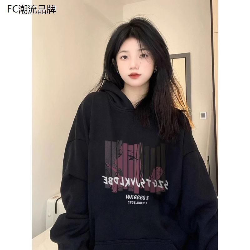 American vintachio Even cap sweatshirt female autumn thickened oversize loose with lazy wind and small crowdwave card design feel blouses-Taobao