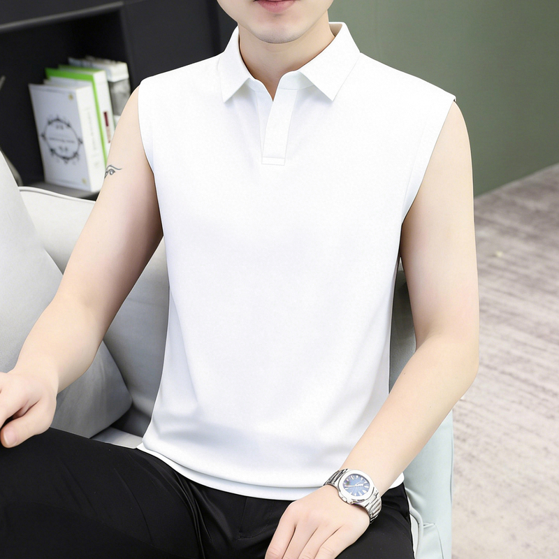 Seagull Collar Vest for Men 2026 Summer New High-End Pique Cotton Turn-Down Collar Sleeveless Vest Ice Silk Polo Shirt T-Shirt