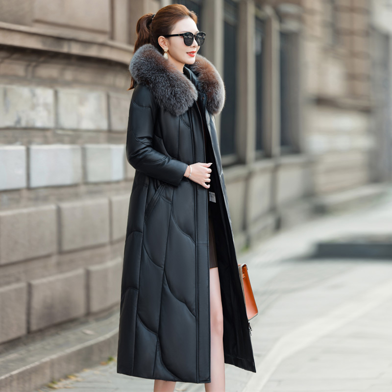 Clearance Genuine Haining Genuine Leather Jacket New Style down Cotton Coat Over-The-Knee Long Thick Leather Coat Outerwear Leather Jacket for Women