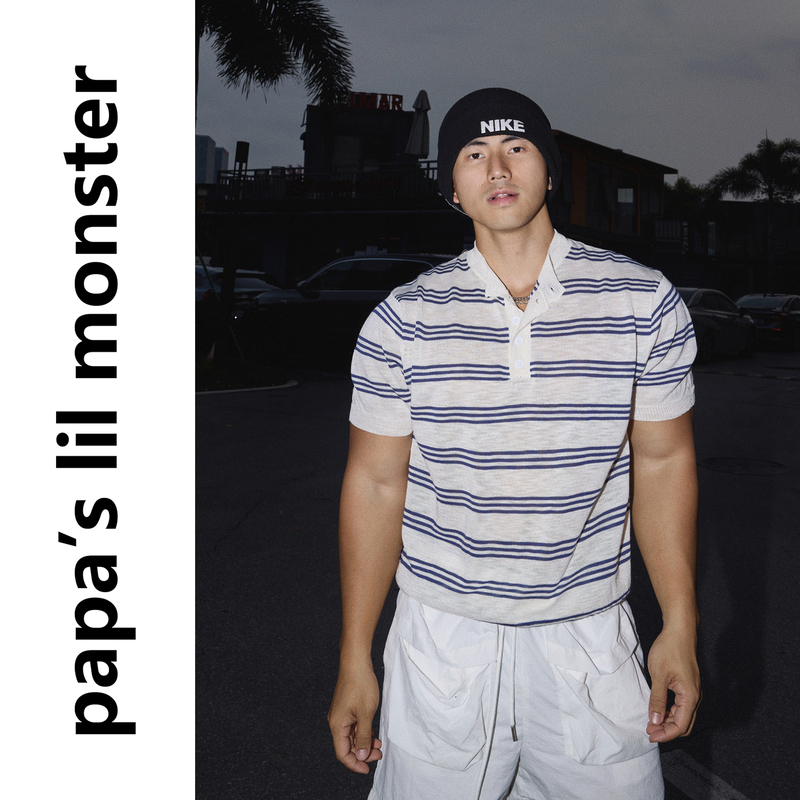 Papaslilmonster 【Original】American Casual Vacation Style Blue and White Striped Henry Collar T-Shirt for Men