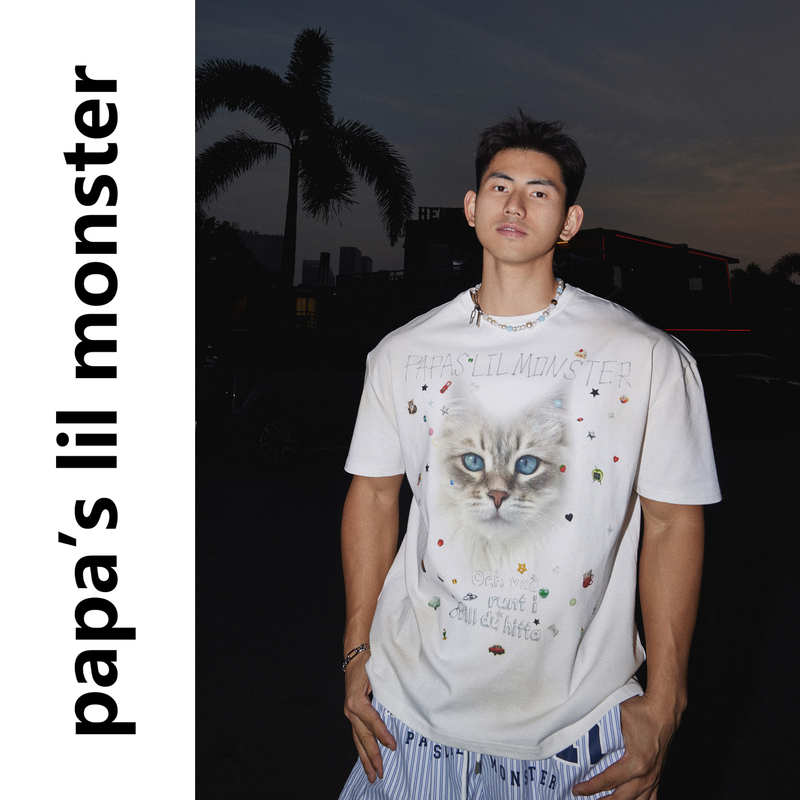 Papaslilmonster【Original】26Ss American-Style Cat Print Short-Sleeve T-Shirt for Men, Round Neck, Loose Top