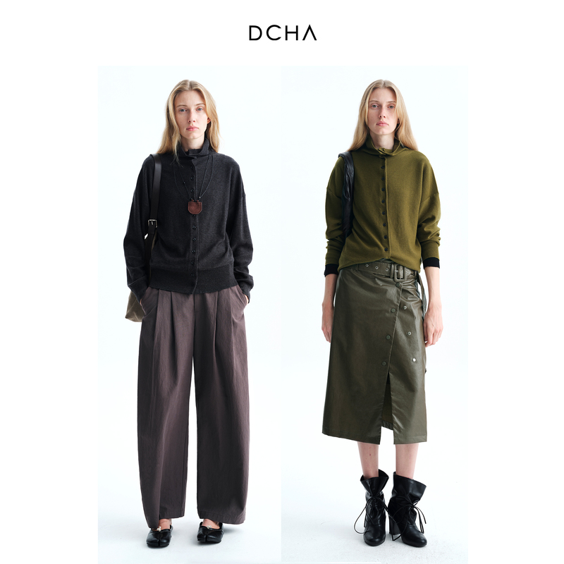 Dcha Australian Imported Merino Wool Yarn Open-Front Stand Collar Knitted Cardigan Sweater Top