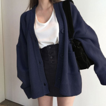 In stock quick-release autumn wear navy blue knitted cardigan loose outer wear khaki lazy style black fur