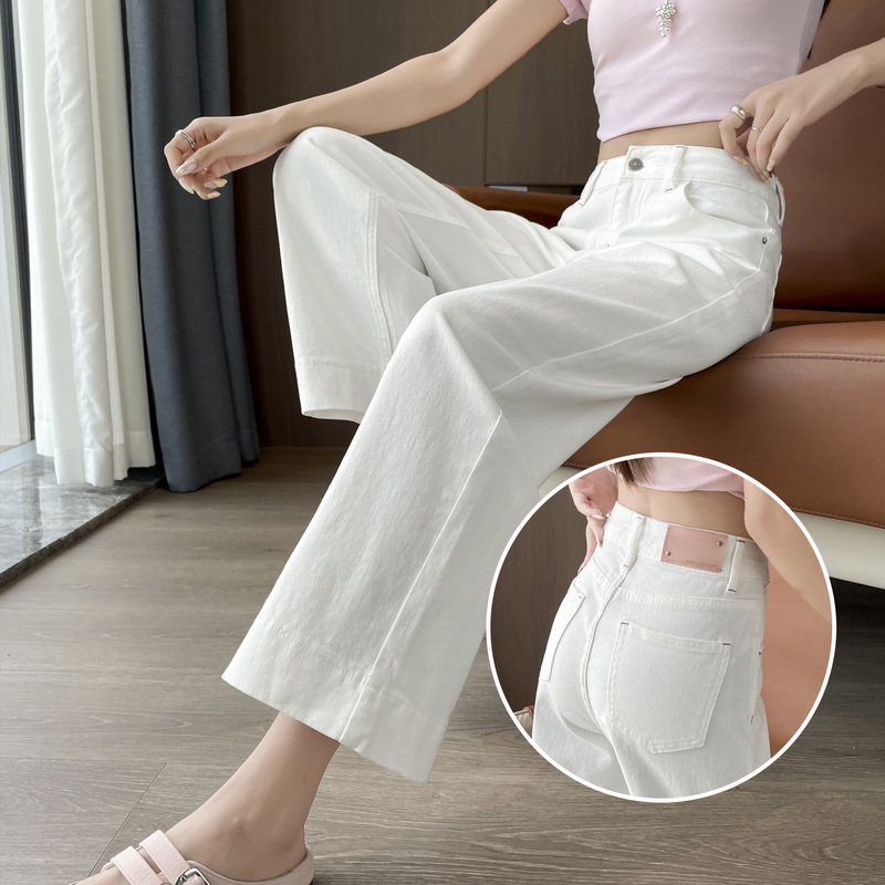 White High-Waisted Cropped Wide-Leg Jeans for Women, Summer 2026, Stretchy, Loose, Casual, Slimming, Nine-Point Straight-Leg Pants White High-Waisted Cropped Wide-Leg Jeans for Women, Summer 2026, Stretchy, Loose, Casual, Slimming, Nine-Point Straight-Leg Pants