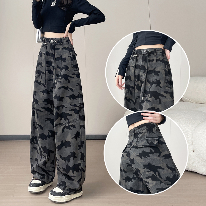 American-Style Camouflage Drawstring Jeans for Women, 2026 Spring and Autumn, High-Waisted, Slimming, Loose, Wide-Leg, Floor-Length Pants American-Style Camouflage Drawstring Jeans for Women, 2026 Spring and Autumn, High-Waisted, Slimming, Loose, Wide-Leg, Floor-Length Pants
