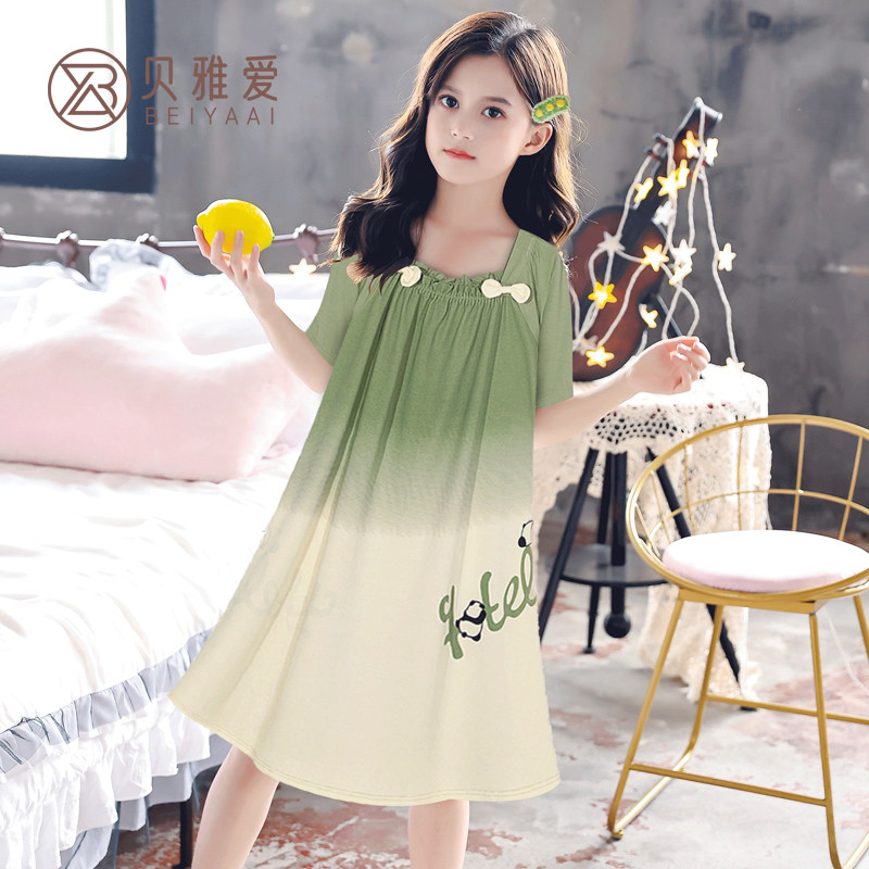 Children's cute home clothes nightgown summer pure cotton summer nightgown  green hot style home clothes 2024