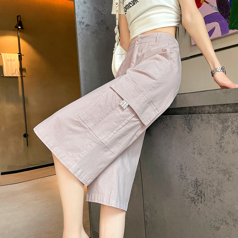 Pink Cropped Cargo Pants for Women, Summer Thin Style, 2025 New High-Waisted Slimming Loose Casual American Straight-Leg Mid-Length Pants
