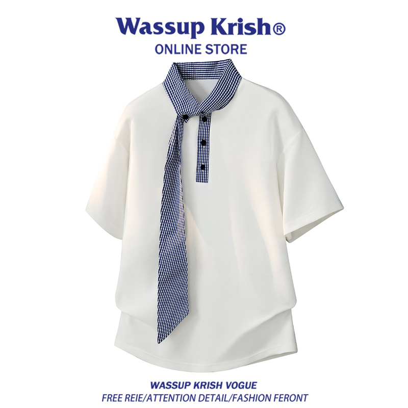Wassup Krish American-Style Collar Patchwork Short-Sleeved T-Shirt for Men, Summer Tie Design Casual Lapel Top