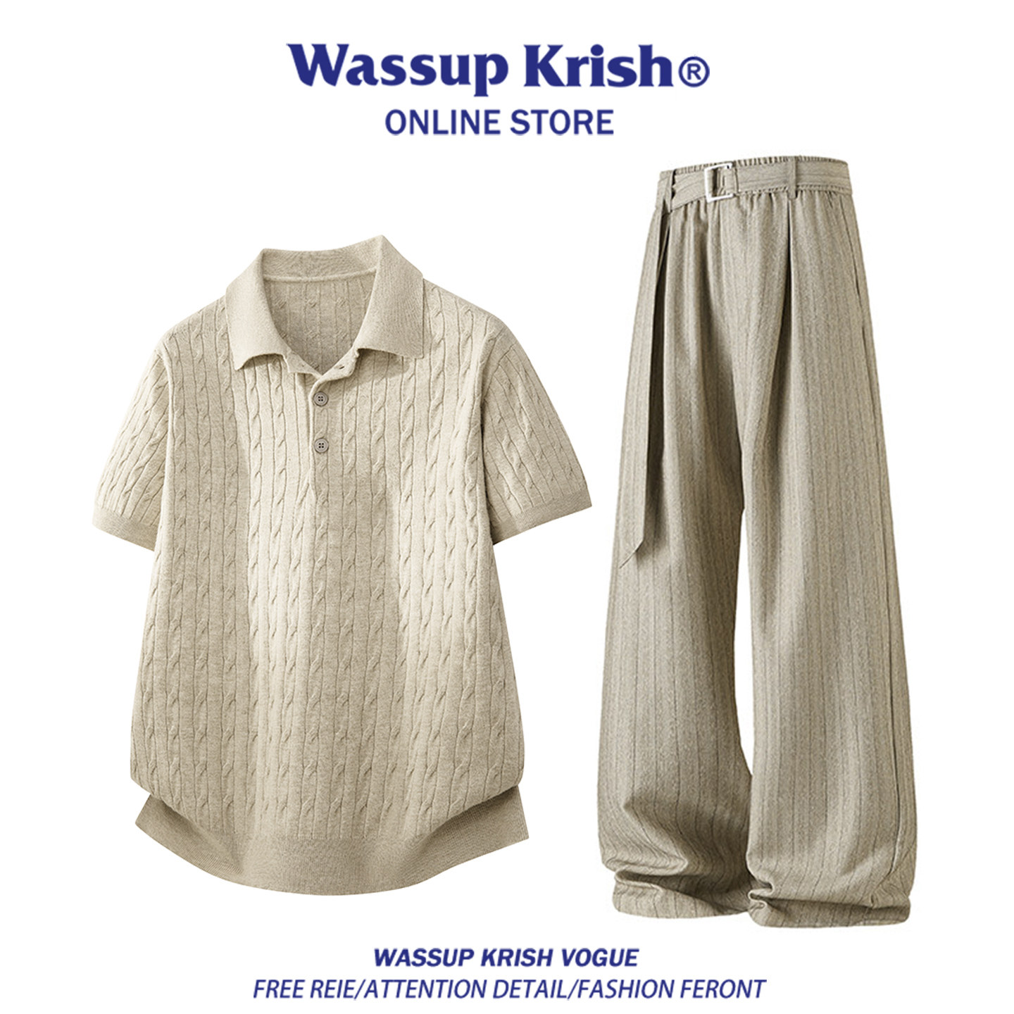 WASSUP KRISH老钱风休闲套装男夏季轻奢短袖polo衫西裤人夫感穿搭