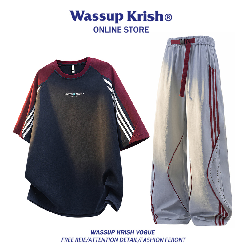 Wassup Krish Youth Color-Block Striped Casual Sports Suit Men's Summer Ice Silk Thin Short-Sleeve Men's Clothing