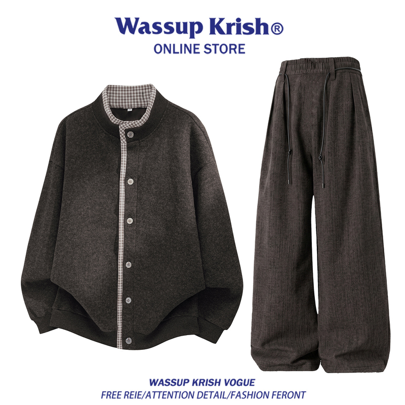 Wassup Krish Old Money Style Retro Sweatshirt Set for Men, New Autumn Style Fake Two-Piece Jacket and Dress Pants Set