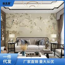 New Chinese style flower and bird bamboo TV background wall covering living room plum blossom sofa mural ink landscape bedroom wall covering