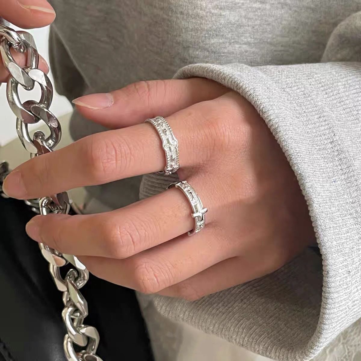 Vintage middle-aged cross ring niche design open adjustable index finger ring versatile couple ring