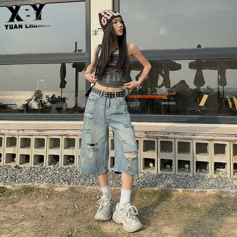 American Retro Ripped Cropped Jeans for Petite Women, Summer Thin High-Waisted Loose Straight Wide-Leg Mid-Length Shorts