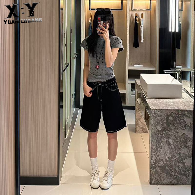 American-Style Black Denim Shorts for Petite Women, 2026 Summer Thin High-Waisted Loose Straight Wide-Leg Mid-Length Pants