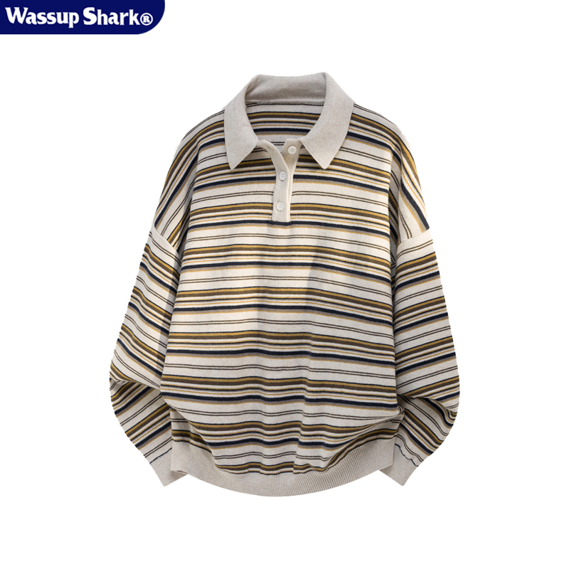 Wassup Shark American-Style Polo Collar Sweater for Men and Women, Trendy Brand, Autumn and Winter High-End Old Money Style Striped Knitwear