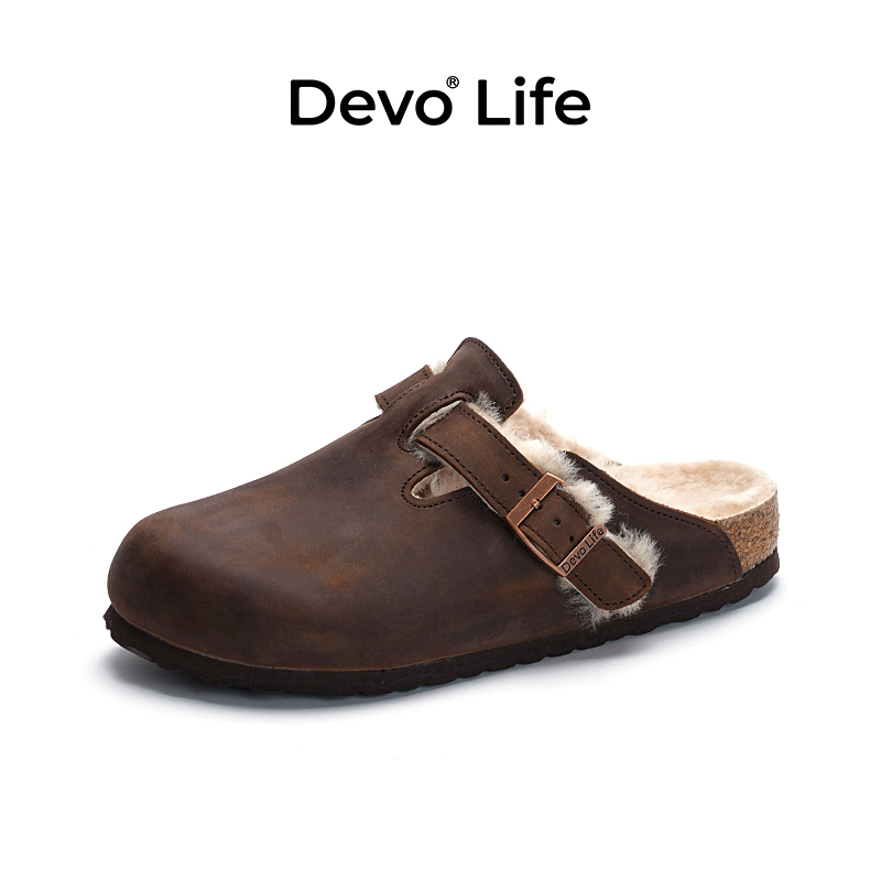 Devo's Cork Slippers with Fur Lining, Warm Half-Slippers, Casual Outdoor Wear, Winter Women's Shoes 66001