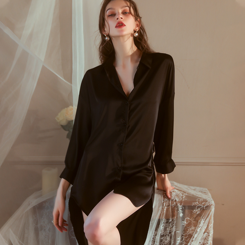 Plus-Size Women's Sexy Nightgown 150kg New Summer and Autumn Large Size Ice Silk Boyfriend Shirt Nightdress Thin Style