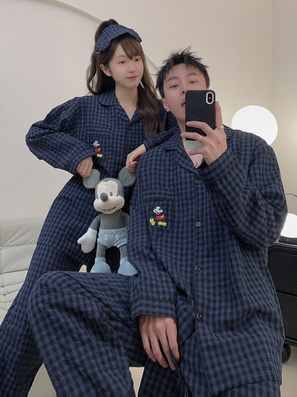 Fat mm 150kg Spring and Autumn New Large Size Mickey Plaid Couple Pajamas Bubble Cotton Home Clothes Set Thin Style