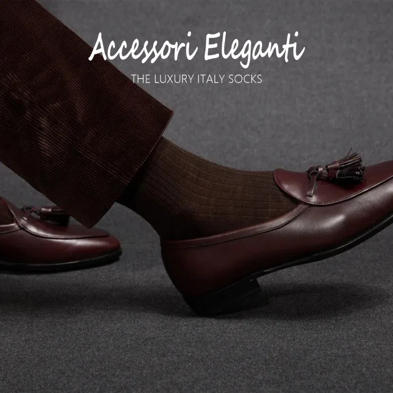 Ae Men's Knee-High Ribbed Socks | Brown Mercerized Cotton Long Socks for Business Formal Wear and Suits