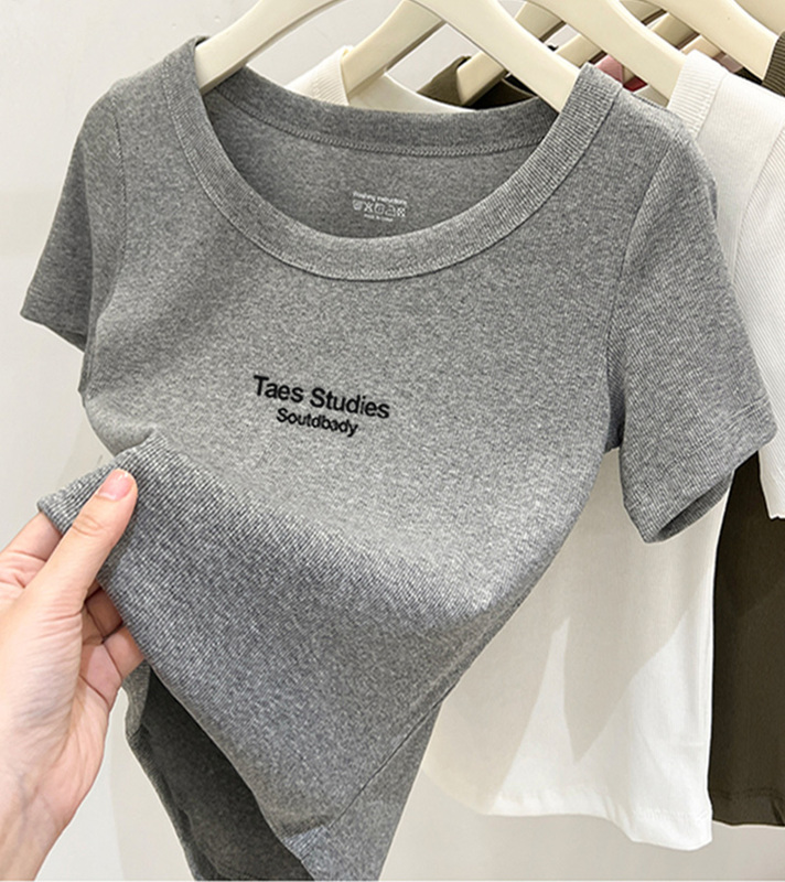 2026 New Style Ribbed Short-Sleeve T-Shirt for Women, Fashionable Versatile Stylish Gray Top, Slim-Fit Base Shirt for Summer