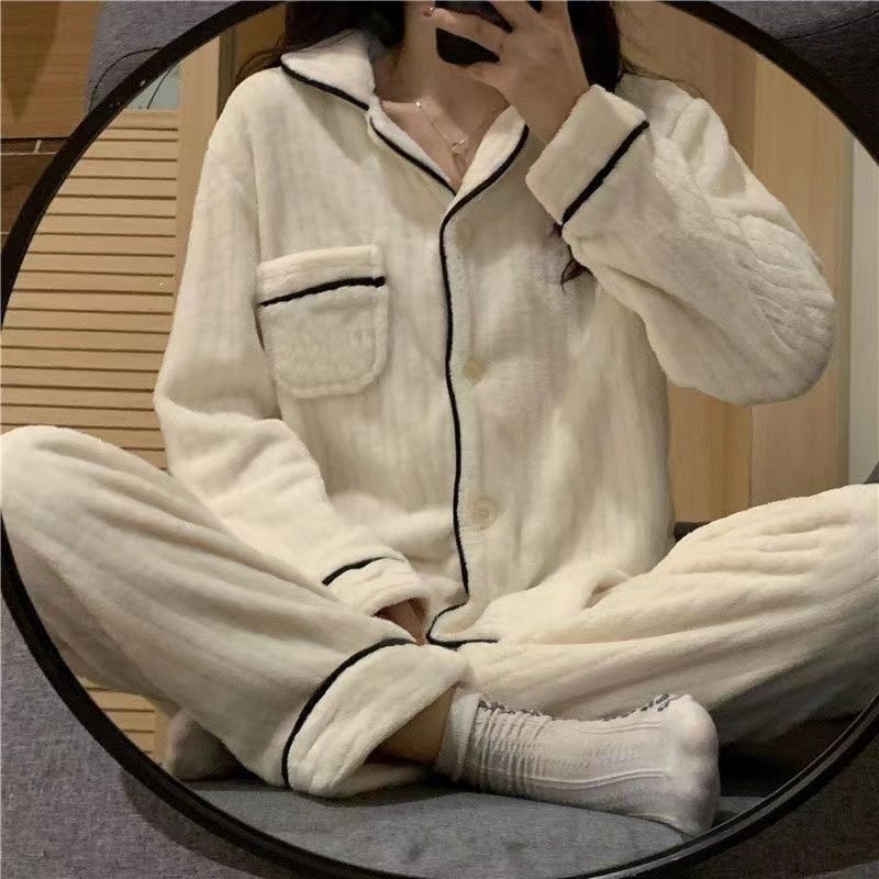 Coral Suede Pajamas Woman Autumn Winter Ins Wind High Face Value Thickened Flannel Winter Can Outwear Home Suits Suit-Taobao