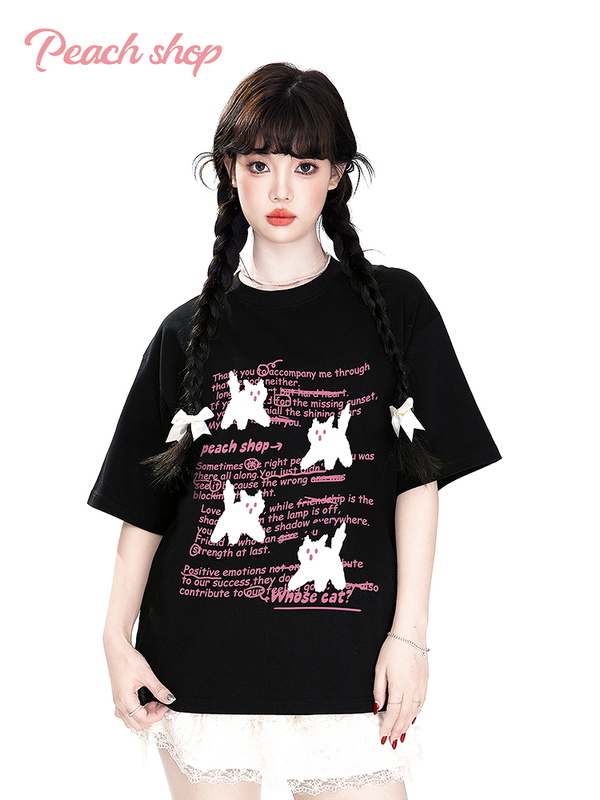 Peachy Store American-Style Letter Cat Graphic Short-Sleeve Unisex Design T-Shirt Pure Cotton Loose Couple Top Trendy Peachy Store American-Style Letter Cat Graphic Short-Sleeve Unisex Design T-Shirt Pure Cotton Loose Couple Top Trendy