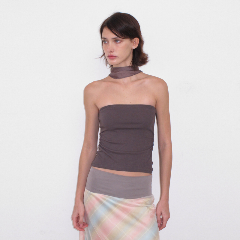 Mito De Dar Tencel Acetate Glossy Halter Neck Ribbon Knit Elastic Waist-Cinching Backless Elegant Tube Top
