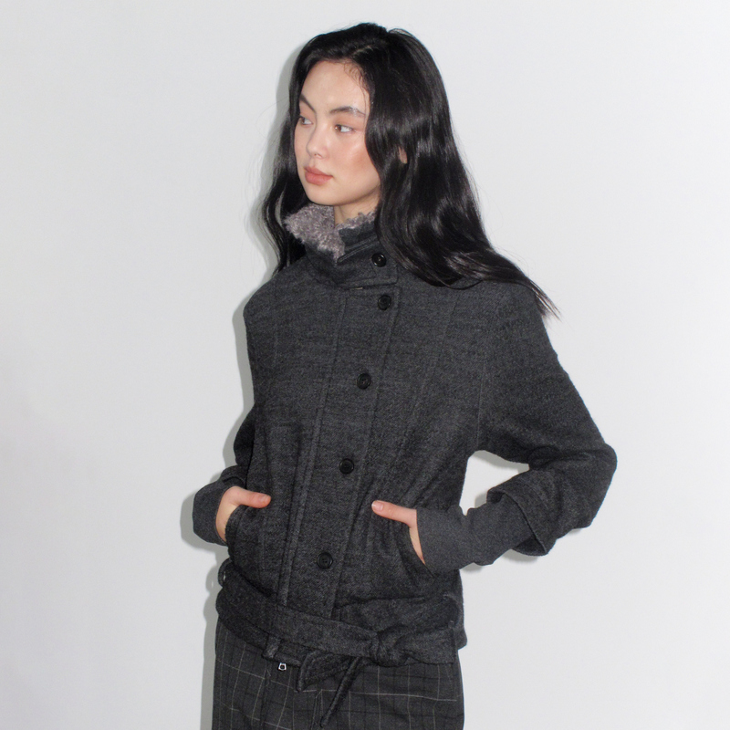 Mito De Dar Wool Stand-Up Collar Slim-Fit Urban Style Tie-Up Fur Collar Winter Short Woolen Coat