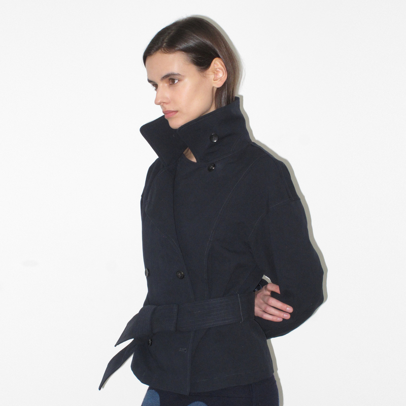 Mito De Dar Lyocell Kapok Navy Stand Collar Double-Breasted X-Shape Urban Chic Short Trench Coat