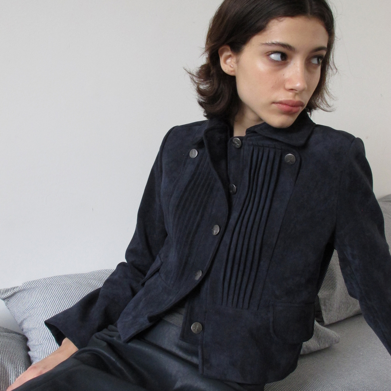 Mito De Dar Deep Indigo Accordion Pleated Design Suede Short Fitted Vintage Jacket Mito De Dar Deep Indigo Accordion Pleated Design Suede Short Fitted Vintage Jacket