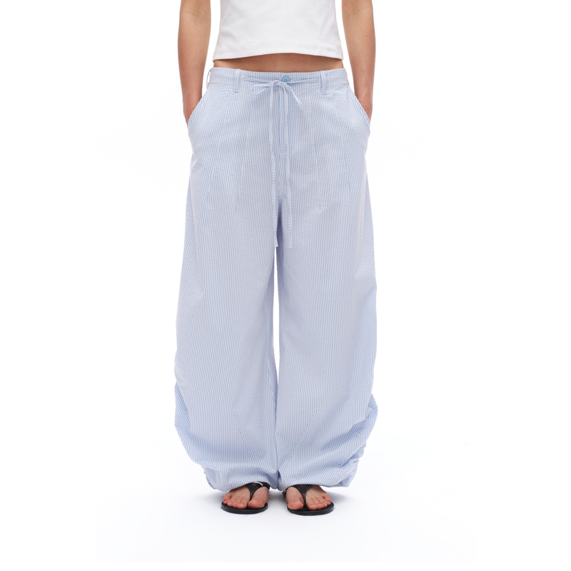 Oinimi Refreshing Light Blue Striped Drawstring Pants Wrinkle-Resistant Lightweight Cargo Pants