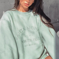 Green Vintage Letters Embroidered Crewneck Sweatshirt Women