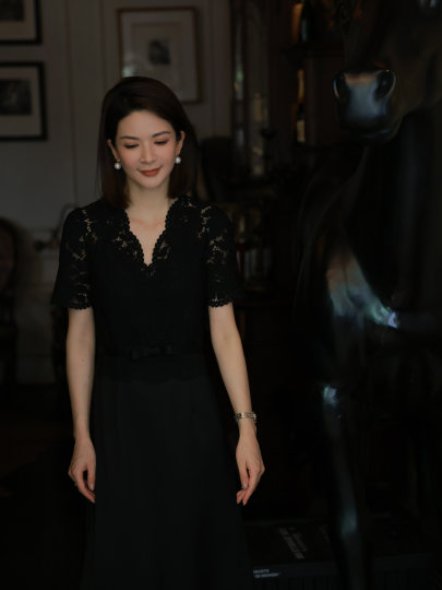 ANGELIAORIGINAL Moonlight Falling Acetic Acid Pairing Lace Temperament Slim Light Luxury Summer Dress #572