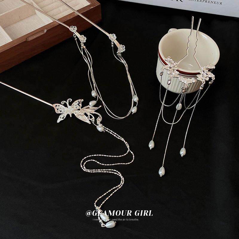 New Chinese Flower Butterfly Pearl Flow Su Hair Hairpin Rear Brain Spoon Disc Hair Hairpin National Tide Qi trendy hair decoration-Taobao