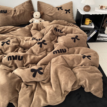 Winter ins Retro Coffee-Colored Bow Thickened Milk Velvet Four-Piece Set Warm Duvet Cover Coral Velvet Bed Sheet Three-Piece Set