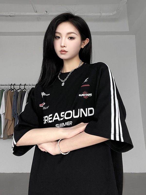 Plus Size 150kg American Retro Three-Stripe Short-Sleeve T-Shirt for Men and Women, New Summer Trendy Brand European and American Round-Neck T-Shirt