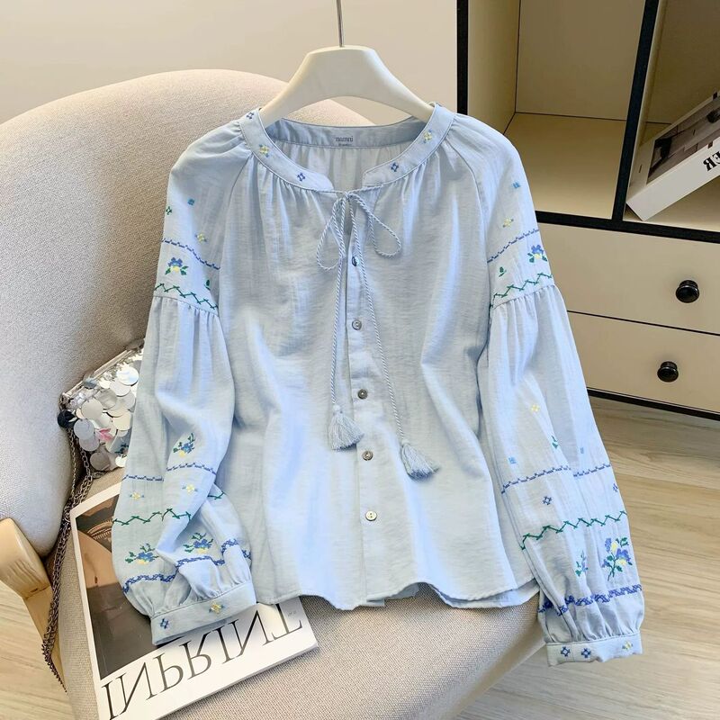 Extra Large Size 150kg Korean Retro Design Lace-Up Embroidered Long-Sleeved Shirt for Men and Women, New Autumn Top Extra Large Size 150kg Korean Retro Design Lace-Up Embroidered Long-Sleeved Shirt for Men and Women, New Autumn Top