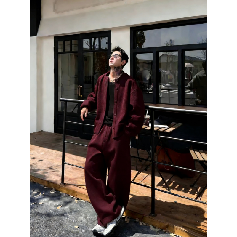 Extra Large Size 150kg Burgundy Retro Casual Suit for Men and Women, Autumn and Winter Cardigan Sweatshirt, Wide-Leg Pants Two-Piece Set, Trendy 2