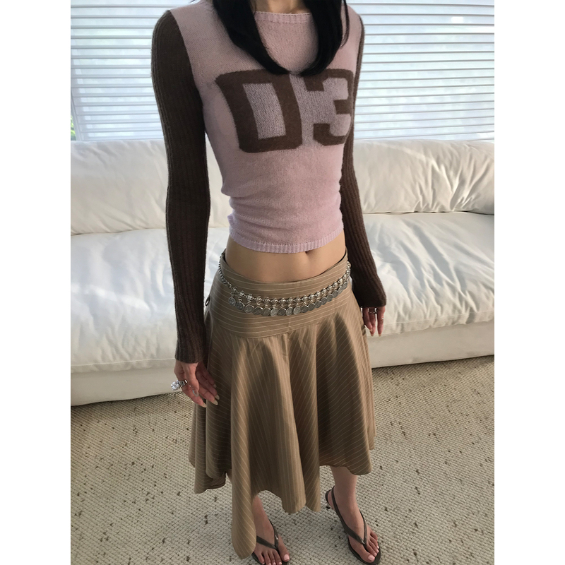 3Cenes Coin Waist Chain Decorative Diagonal Skirt with Irregular Hem, Drapey and Elegant Design, Mid-Length Skirt for Autumn