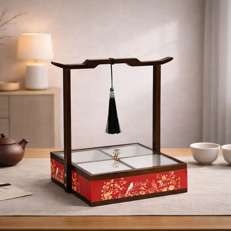 New Chinese-Style Wooden Fruit Box with Compartments, Living Room Tea Tray, Song-Style Aesthetic Dessert Tray, Four-Compartment Wedding Fruit Plate