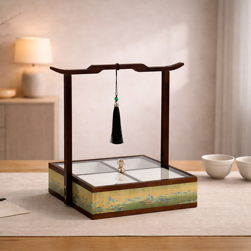 New Chinese-Style Wooden Fruit Box with Compartments, Living Room Tea Tray, Song-Style Aesthetic Dessert Tray, Four-Compartment Wedding Fruit Plate