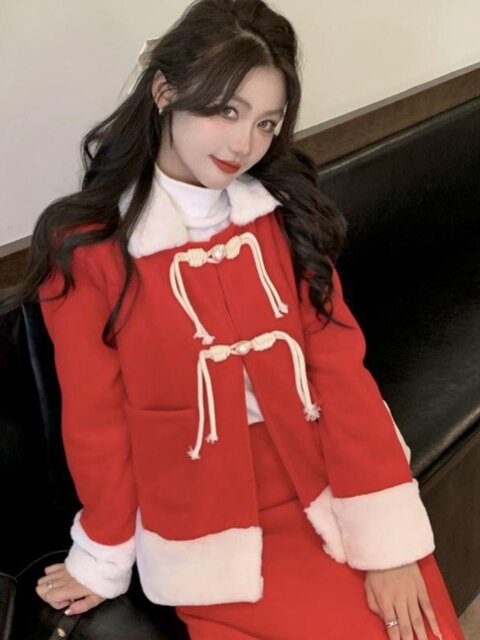Red Christmas and New Year Festive Outfit Set, Fashionable Two-Piece Set for Spring, Autumn, and Winter, Long Skirt and Jacket