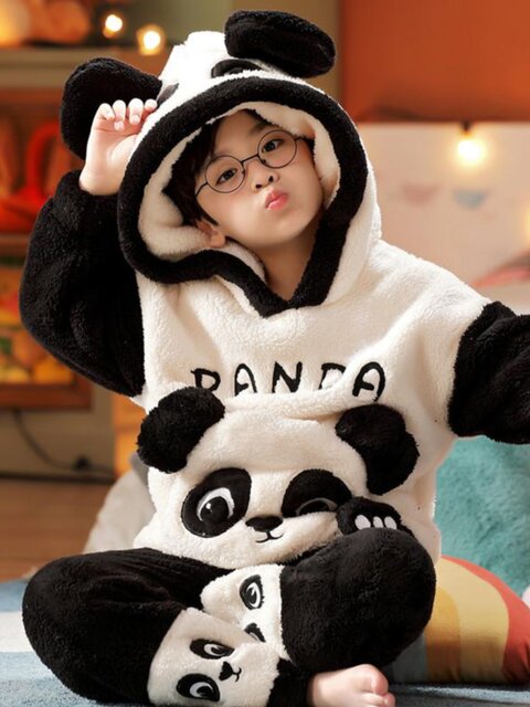 Vockoo Boys' Panda Pajamas Fleece-Lined Autumn and Winter Home Clothes Coral Fleece for Older Children Flannel Kidsren's Clothing