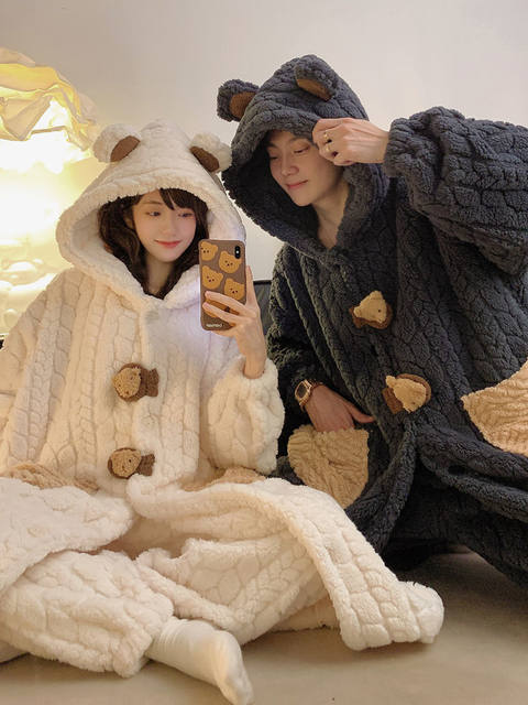 Vockoo Couple's Princess-Style Pajamas for Women, Autumn and Winter Thickened Coral Fleece Men's Bathrobe, Bear Loungewear