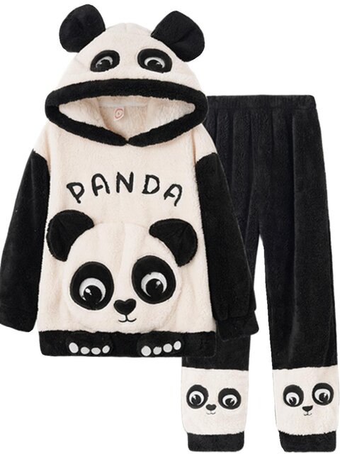 Vockoo Boys' Panda Pajamas Fleece-Lined Autumn and Winter Home Clothes Coral Fleece for Older Children Flannel Kidsren's Clothing