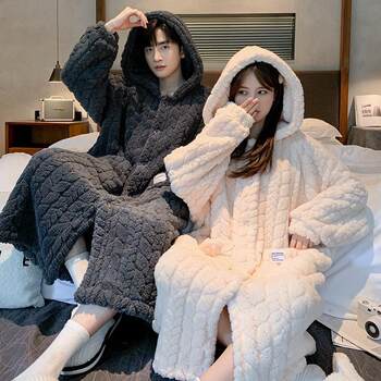 Vockoo Couple's Pajamas for Women, Autumn Long Coral Fleece Thickened Hooded Men's Warm Flannel Bathrobe