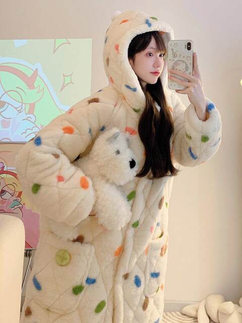 Vockoo Little Devil Pajamas for Women Winter New Coral Velvet Nightgown Internet Celebrity High-Looking Student Couple Can Be Worn Outside