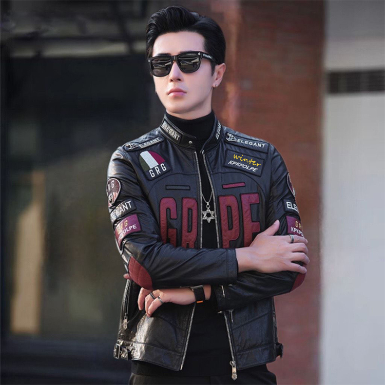 New First-Layer Genuine Leather Jacket for Men, Stand-Up Collar, Slim Fit, Biker Style, Sheepskin Jacket with Embroidery, Stylish and Handsome Coat for Young People New First-Layer Genuine Leather Jacket for Men, Stand-Up Collar, Slim Fit, Biker Style, Sheepskin Jacket with Embroidery, Stylish and Handsome Coat for Young People