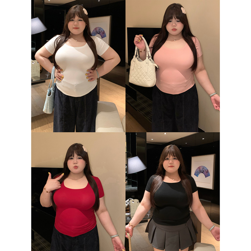 Pretty Little Chubby [Milk Skin Tee] Plus Size Slim Fit Flattering Regular Shoulder T-Shirt Stretchy Versatile Short-Sleeve Top for Plus-Size Women